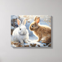 Two Adorable Bunny Rabbits Brown and White in Snow