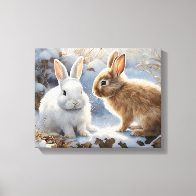 Two Adorable Bunny Rabbits Brown and White in Snow Canvas Print (Front)
