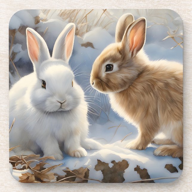 Two Adorable Bunny Rabbits Brown and White in Snow Coaster (Front)