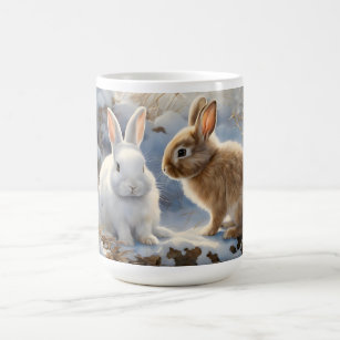 Two Adorable Bunny Rabbits Brown and White in Snow Coffee Mug