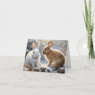 Two Adorable Bunny Rabbits Brown White Snow Blank Card