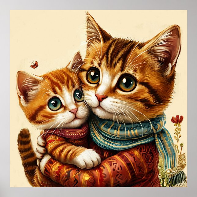Two Adorable Cats Hugging Poster (Front)