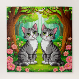 Two Adorable Cats Sitting in a Vibrant Forest Jigsaw Puzzle
