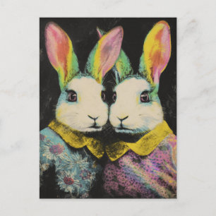 Two Adorable Colourful Rabbits in Floral Dresses Postcard