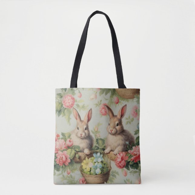 Two Adorable Easter Bunnies Sitting Among Flowers  Tote Bag (Front)