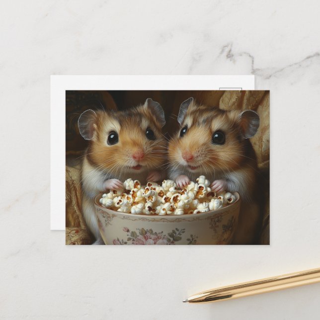 Two Adorable Hamsters With Popcorn Postcard (Front/Back In Situ)
