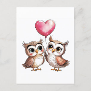 Two Adorable Owls with a Heart Balloon Postcard