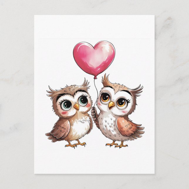 Two Adorable Owls with a Heart Balloon Postcard (Front)