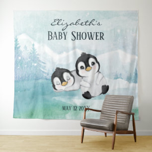 Two Adorable Penguins Baby Shower Backdrop Tapestry