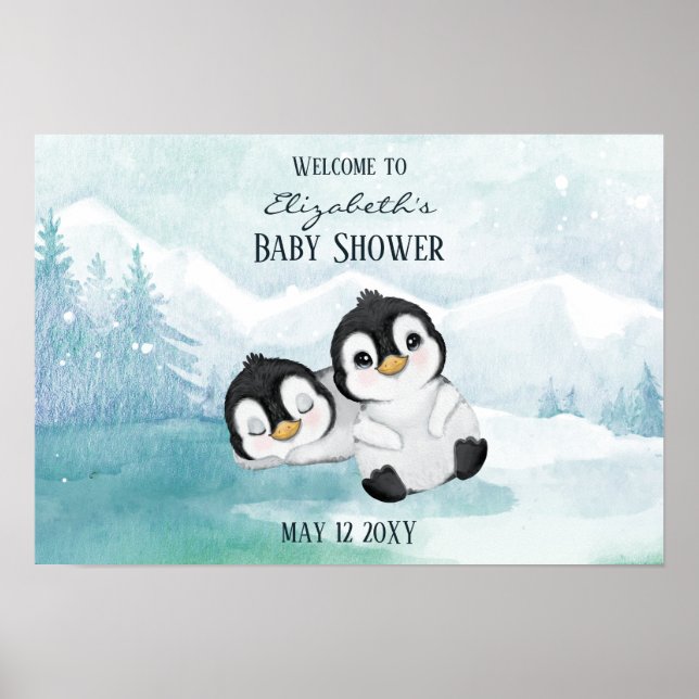 Two Adorable Penguins Illustration Baby Shower  Poster (Front)