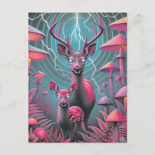 Two adorable psychedelic deer with glowing eyes  postcard (Front)