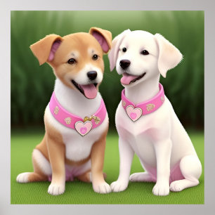 Two Adorable Puppies Sitting on Grass Poster