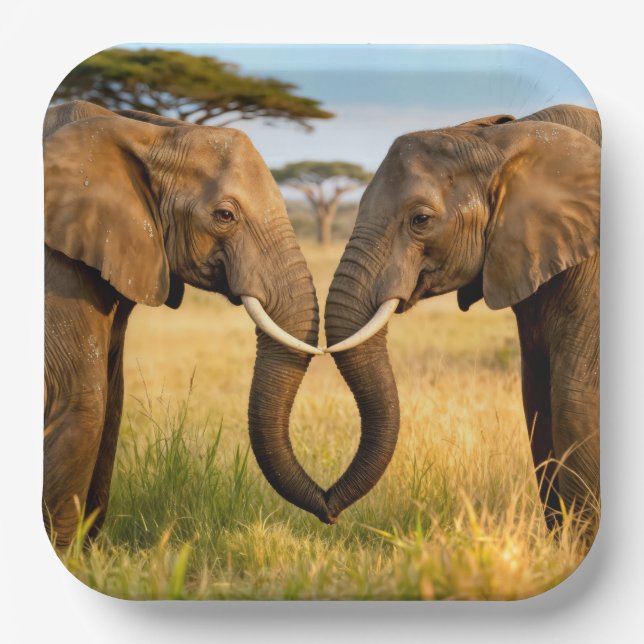 Two African Elephants In Savannah Grass Paper Plate (Front)