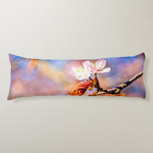 Two Amazing Sakura Flowers. Pink, Blue Background Body Cushion
