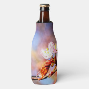 Two Amazing Sakura Flowers. Pink, Blue Background Bottle Cooler