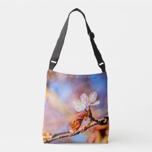 Two Amazing Sakura Flowers. Pink, Blue Background Crossbody Bag