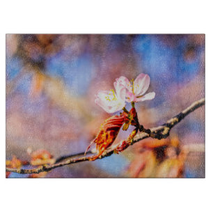 Two Amazing Sakura Flowers. Pink, Blue Background Cutting Board