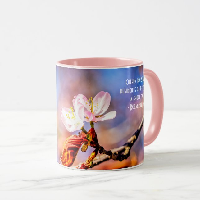 Two Amazing Sakura Flowers. Pink, Blue Background Mug (Front Right)
