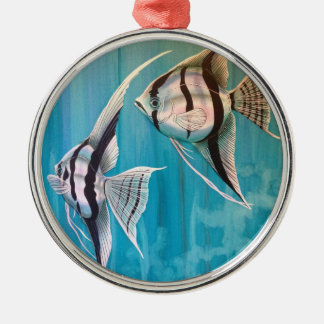 Two angel fish with silver and black and blue metal tree decoration