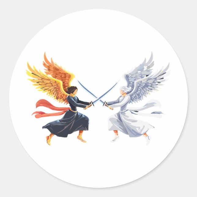 Two Angel with large sword with open wings Classic Round Sticker (Front)