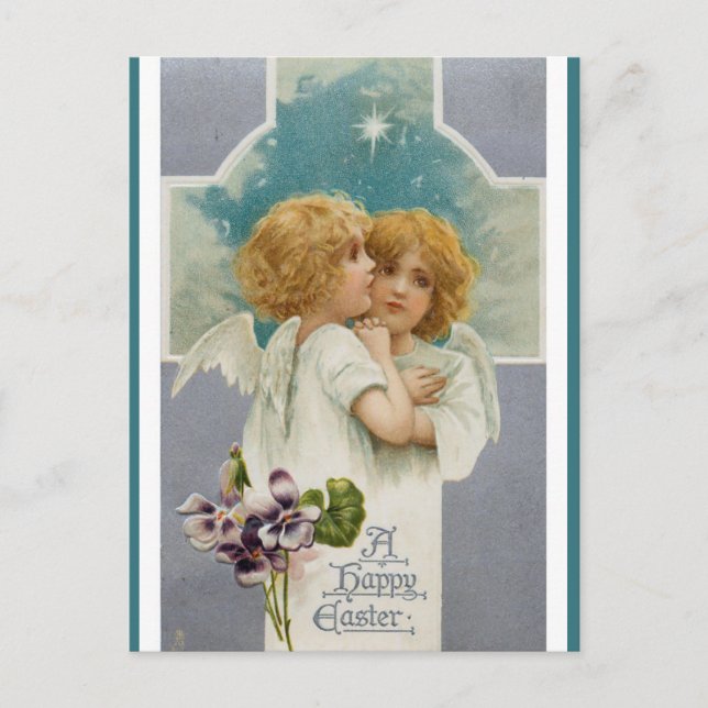 Two Angels and a Cross Easter Greetings Postcard (Front)