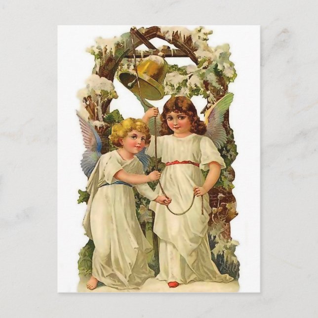 Two angels ringing a bell, vintage holiday postcard (Front)