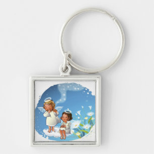 Two angels sitting on the clouds key ring