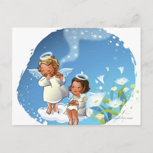 Two angels sitting on the clouds postcard