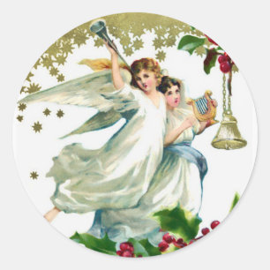 Two Angels with Bells Christmas Classic Round Sticker