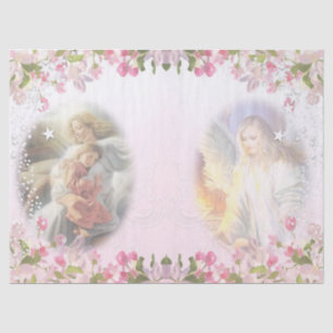 Two Angels with Flower Border on Pink Decoupage Tissue Paper