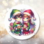 Two Anime Elves | Cute Christmas Classic Round Sticker<br><div class="desc">Christmas stickers. A cute boy and girl elf holding toys. A sweet ai watercolor style anime Christmas illustration.</div>