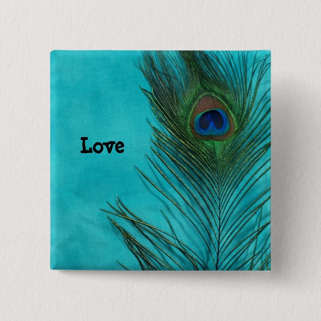 Two Aqua Peacock Feathers 15 Cm Square Badge (Front)