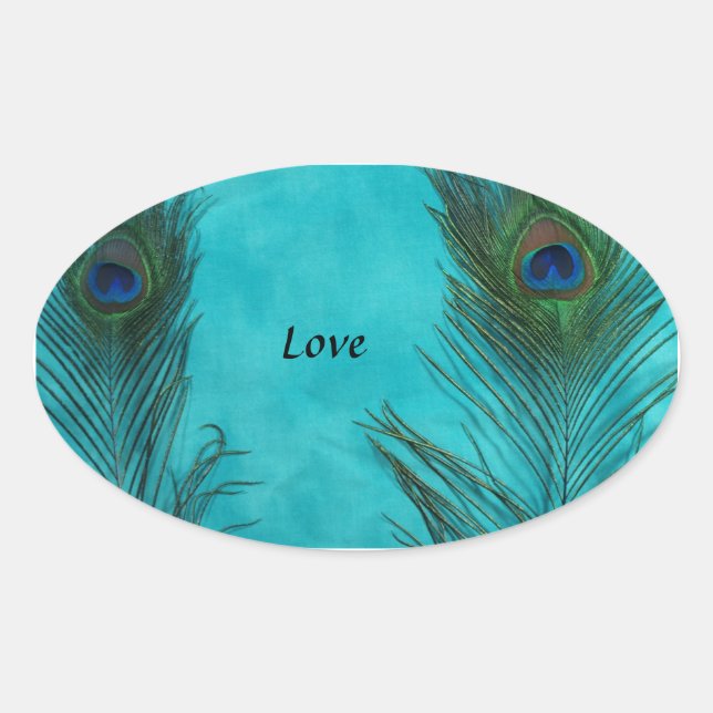 Two Aqua Peacock Feathers Oval Sticker (Front)