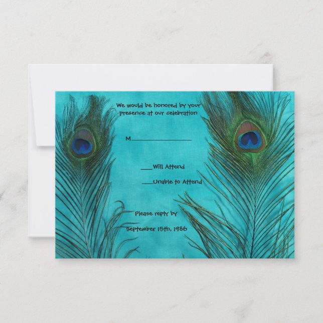 Two Aqua Peacock Feathers Wedding RSVP Cards (Front)