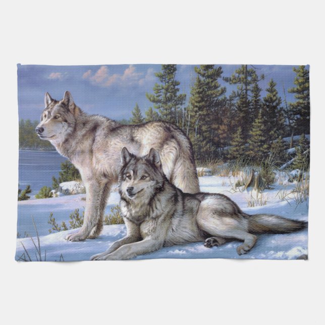 Two arctic wolves painting tea towel (Horizontal)