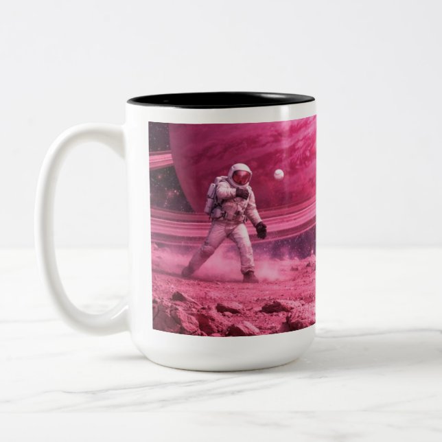 Two Astronauts Playing Baseball on a Pink Planet Two-Tone Coffee Mug (Left)