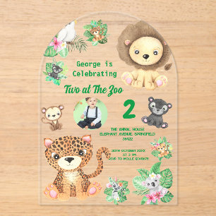 Two at the Zoo Jungle Animals Kids Birthday Acrylic Invitations