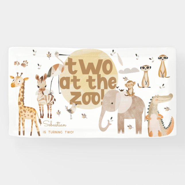 Two at the zoo safari animals second kids birthday banner (Horizontal)