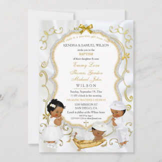 Two Baby Boys & Girl Baptism Christening Gold Invitation
