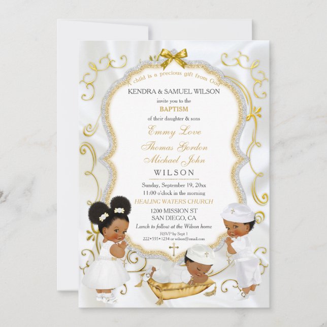 Two Baby Boys & Girl Baptism Christening Gold Invitation (Front)