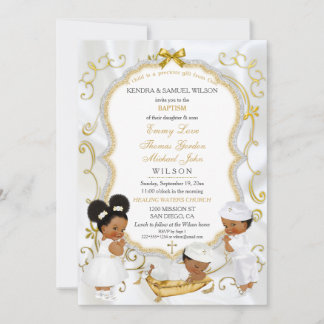 Two Baby Boys & Girl Baptism Christening Gold Invitation