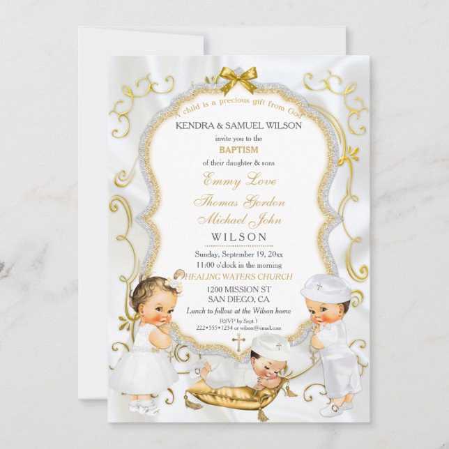 Two Baby Boys & Girl  Baptism Christening Gold Invitation (Front)