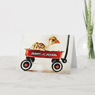 Two Baby Chicks in Red Wagon Card