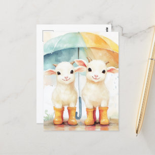 Two Baby Goats on a Rainy Day Postcard