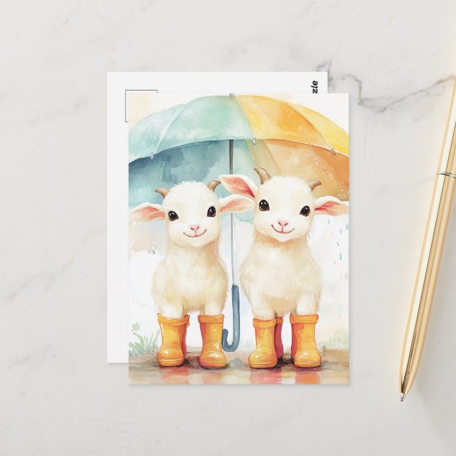 Two Baby Goats on a Rainy Day Postcard (Front/Back In Situ)