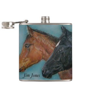 Two baby horses black foal chestnut foal portrait  hip flask