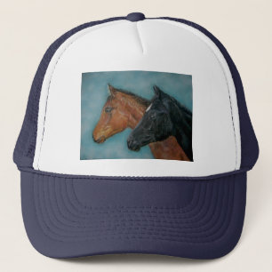 Two baby horses black foal chestnut foal portrait trucker hat