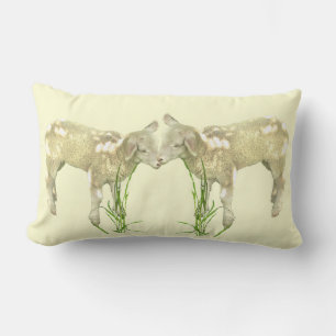 Two Baby Lambs on Yellow Lumbar Outdoor Pillow