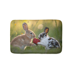 Two Baby Rabbits Sharing a Large Ripe Strawberry Bath Mat