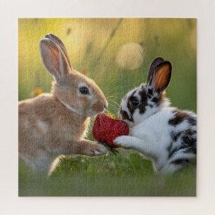 Two Baby Rabbits Sharing a Large Ripe Strawberry Jigsaw Puzzle
